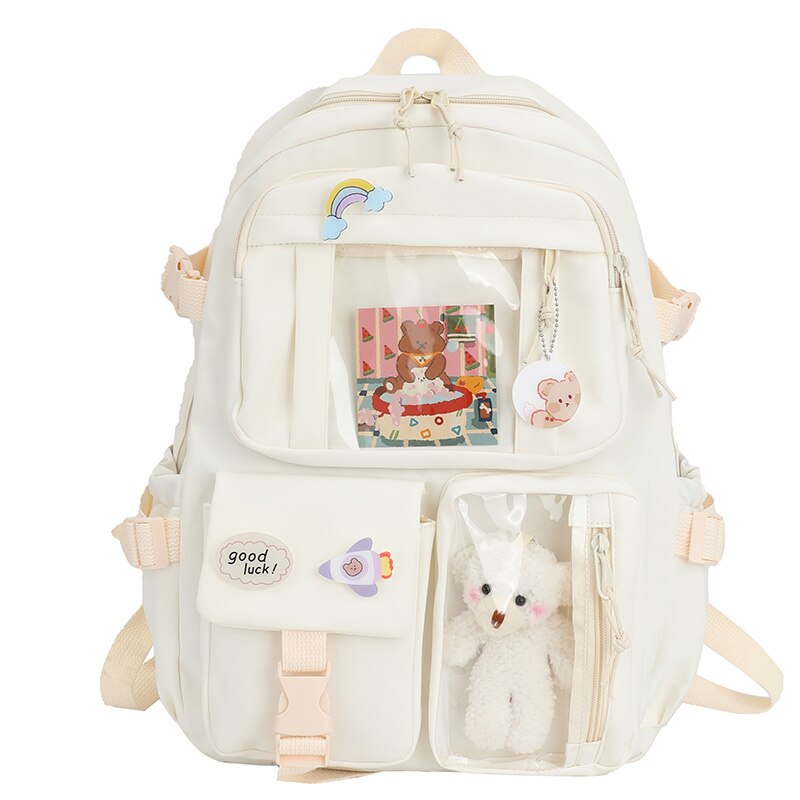 Leuke Vrouwen Rugzakken Waterdichte Multi-Pocket Nylon School Rugzak Voor Student Vrouwelijke Meisjes Kawaii Laptop Boek Pack Mochilas: WHITE / With Accessories