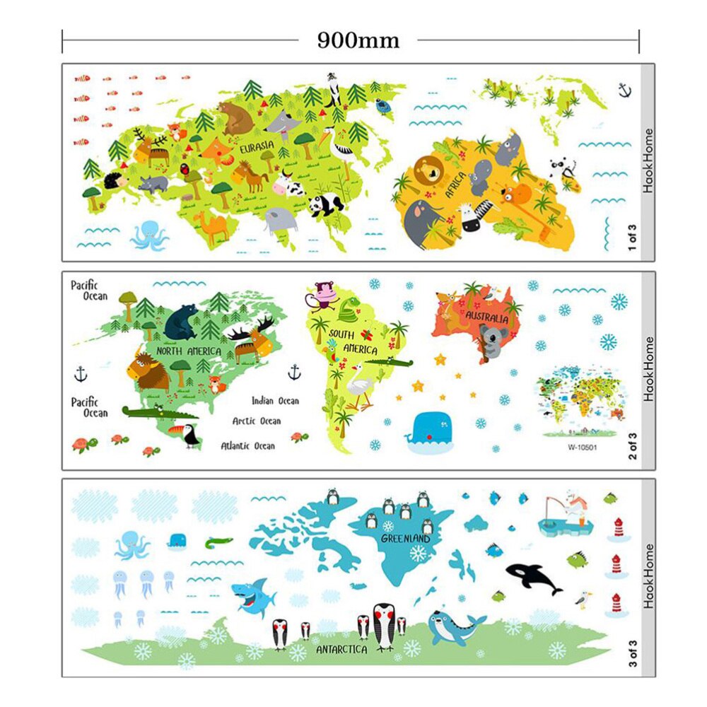 Cartoon Animals World Map Wall Stickers Removable Waterproof Wall Decals Wall Decor for Kids Room