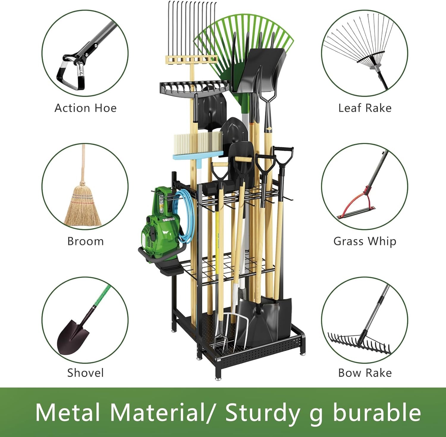Organizador de herramientas de jardín, estante de utilidad estable, fácil de instalar, estante de almacenamiento de herramientas de garaje, rastrillos, palas, estante para cobertizo, patio, césped exterior