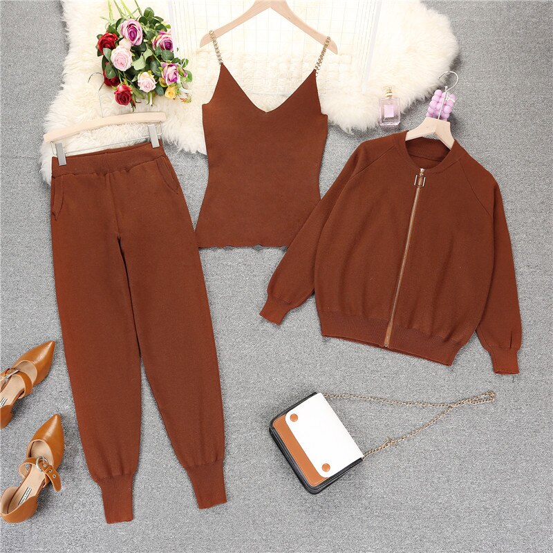 Amolapha Women Autumn Winter Knitted Vest Zipper Cardigans Pants 3pcs Sets Tracksuits Outfits: Coral Red