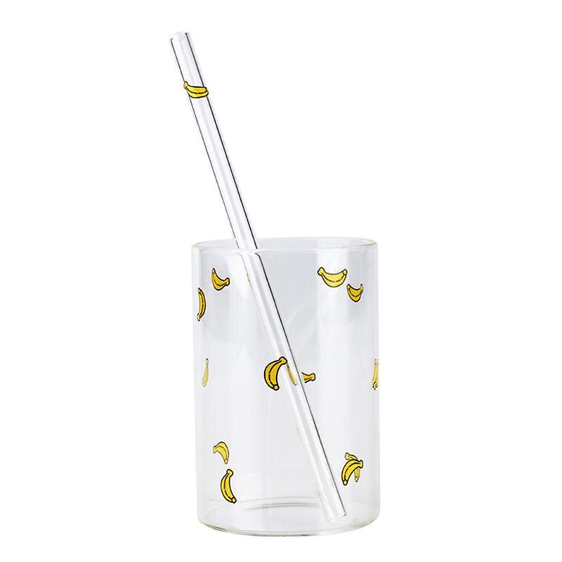 Vaso de vidrio borosilicato resistente al calor para jugo de fruta y leche, taza de almacenamiento de agua con pajita para el hogar y la Oficina (estilo de estampado de fresa: Yellow