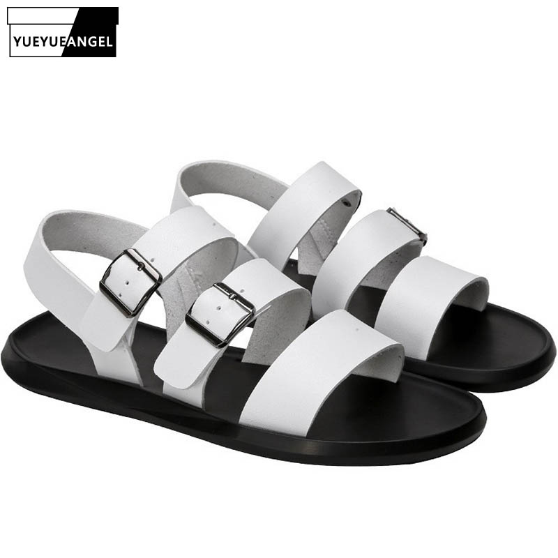 Men Leather Sandals Summer Open Toe Casual Shoes Outdoor White Soft Sole Beach Gladiator Sandalias Hombre Buckle Strap