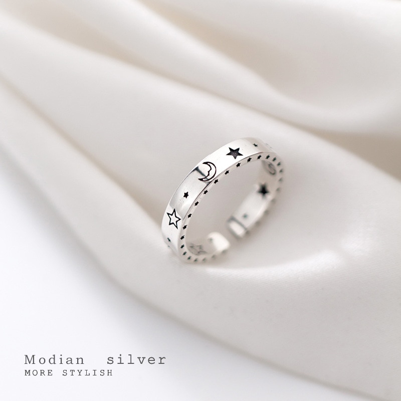 Modian Retro Ster Maan Glimlach Gezicht Sterling Zilver 925 Ring Voor Vrouwen Open Verstelbare Vinger Ring Originele Fijne Sieraden