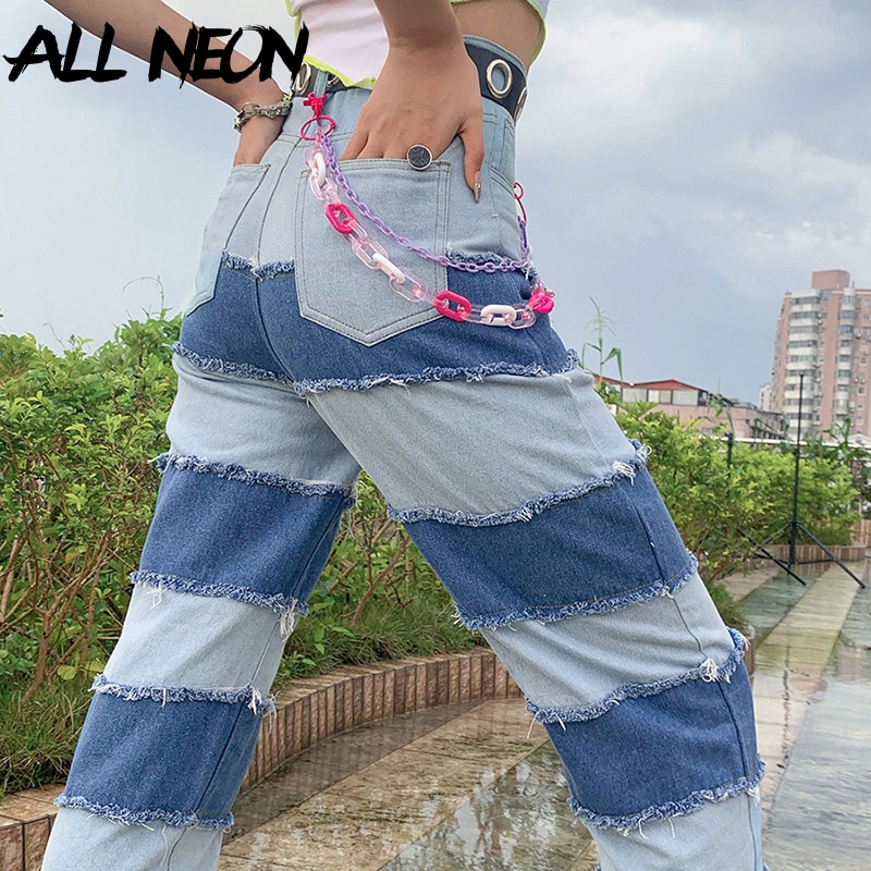 ALLNeon Y2K e-girl parches coser Stitch Jeans para mujeres Hip Hop cintura alta Denim suelta pantalones largos conjunto Streetwear