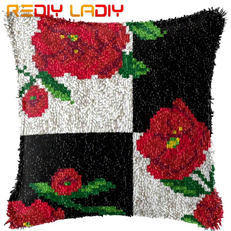 Loquet Crochet coussin coquelicots pré-imprimé toile coussin avant acrylique fil Crochet taie d'oreiller Kits canapé-lit oreillers décor à la maison: BZ799