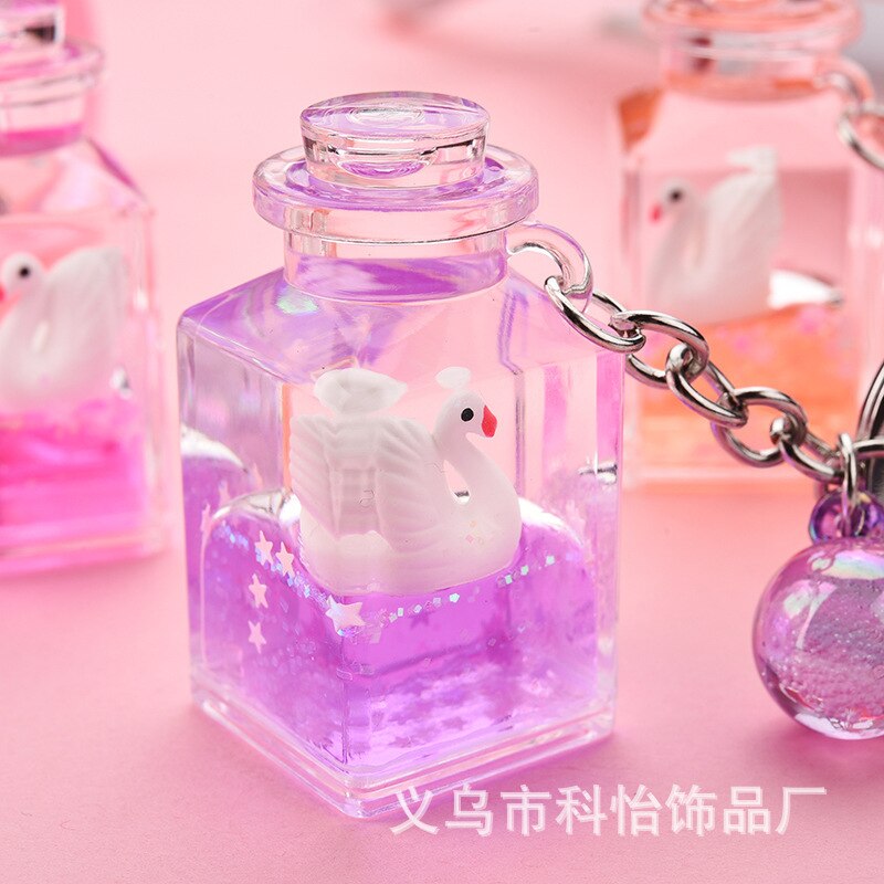 Shaking Voice Network Red Floating Square Milk Bottle Little Swan Keychain Oiling Quicksand Bag Car Pendant