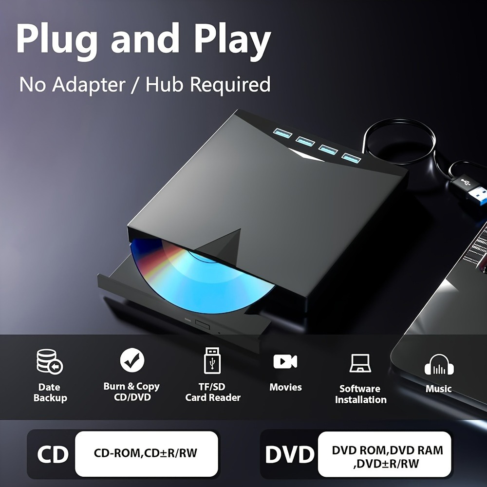 7-in-1 externes CD-DVD-Laufwerk mit 4 USB-A-Anschlüssen und TF/SD-Kartensteckplätzen für Laptop, MacBook, Desktop-PC, Windows 11/10/8/7, Linux Mac