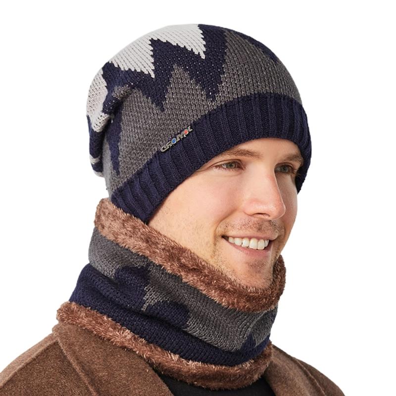 2Pcs Men Winter Flame Pattern Knitted Beanie Hat Circle Scarf Set Outdoor Cycling Windproof Thicken Plush Lined Skull Cap H05D: Navy Blue