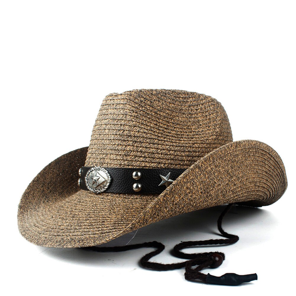 Dames heren holle strand sombrero man western cowboyhoed dame vader stro panama cowgirl jazz zonnepet maat 56-58cm: Koffie 3