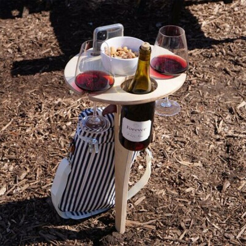 Outdoor Wine Table Foldable Round Desktop Mini Wooden Picnic Table Collapsible Wine Glass Rack Travel Portable