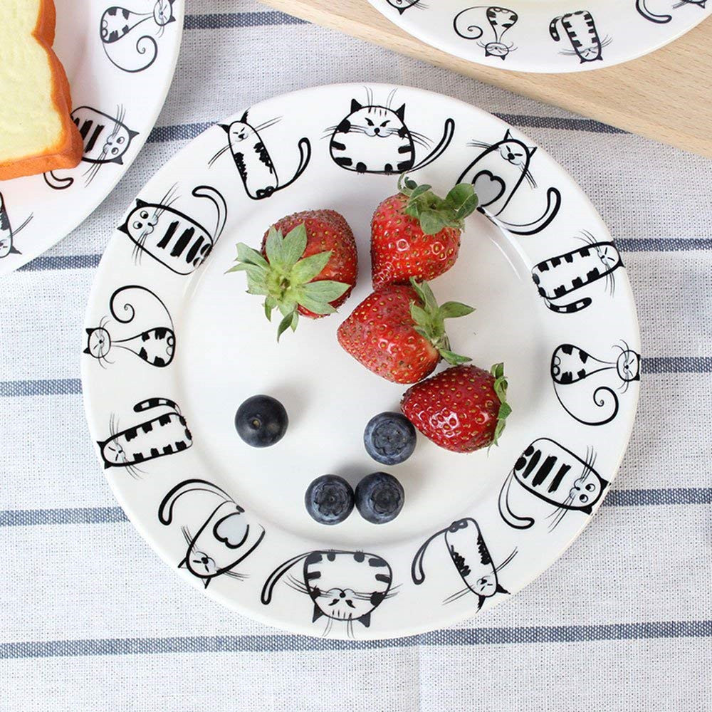 Bonjour Cute cerámica plato de gato taza tazón pequeños platos conjuntos de cena única plato postre bandeja bandeja de juego de platos y cubiertos Cocina