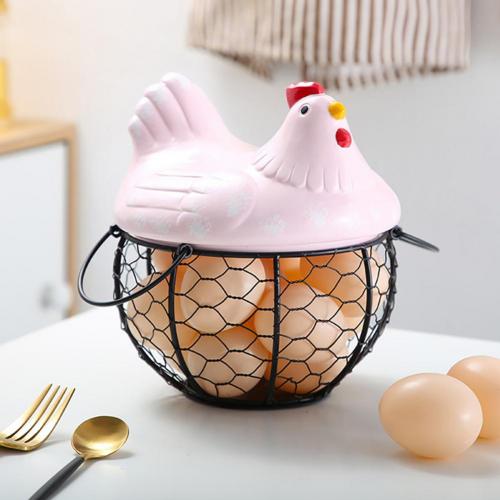 Ceramic Iron Egg Storage Basket Snack Fruit Basket Collection Ceramic Hen Ornaments Decor Kitchen Accessories: Pink