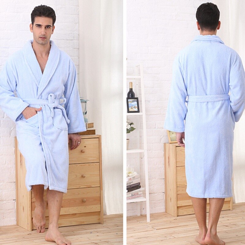 Albornoz de invierno de hombre, pijamas de algodón para parejas, bata para amantes, ropa de dormir, toalla de forro polar larga para casa, hotel, invierno, blanco, azul