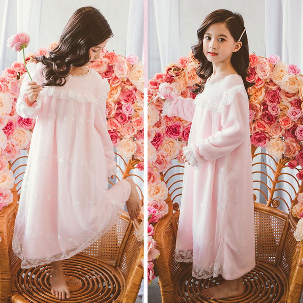 Winter Girls Nightgowns Children Cloting Lace Flannel Sleepdress Princess Sleepwear Kids Homewear Pajamas Girls Nightie 6-16Year
