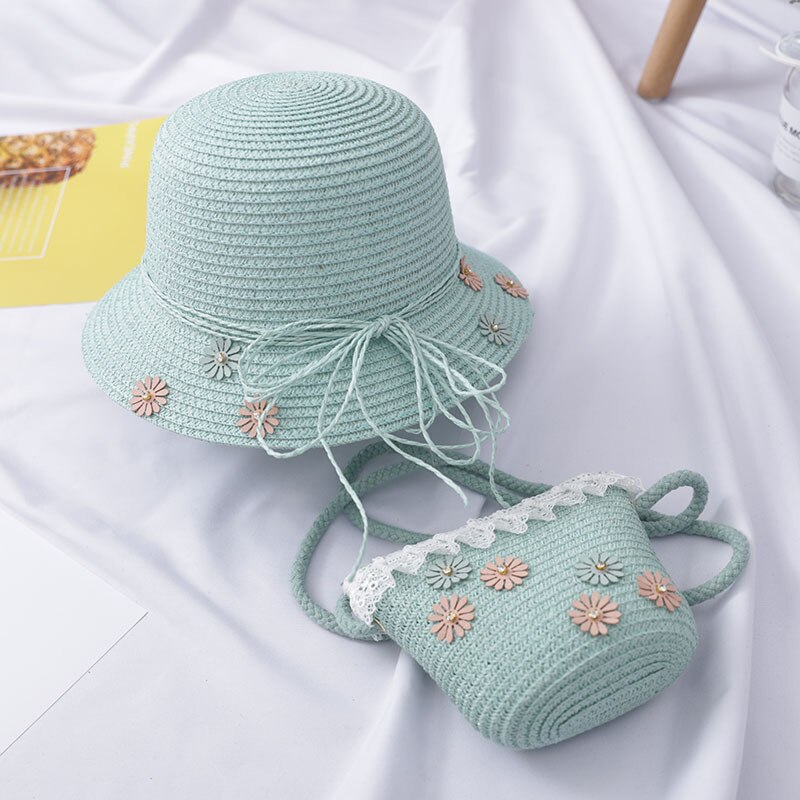 Girls Kids Beach Princess Cute Bucket Flower Cap Straw Sun Hat+Shoulder Handbag Bag Set US: Mint Green