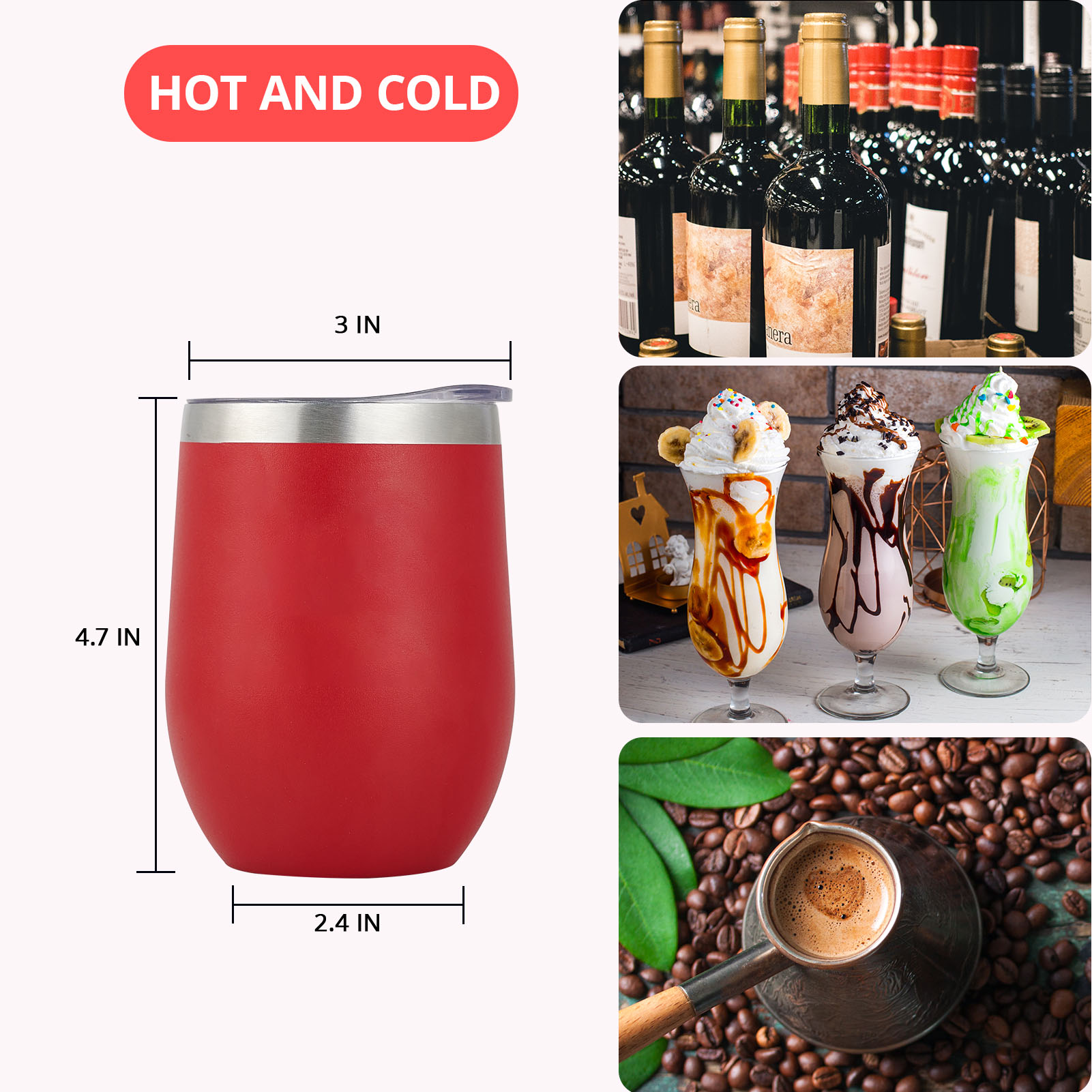 Roestvrijstalen Wijnbekers, 12Oz Geïsoleerde Wijnbeker, Roestvrijstalen Steelloze Wijnbekers Met Deksels Voor Koffie, Wijn