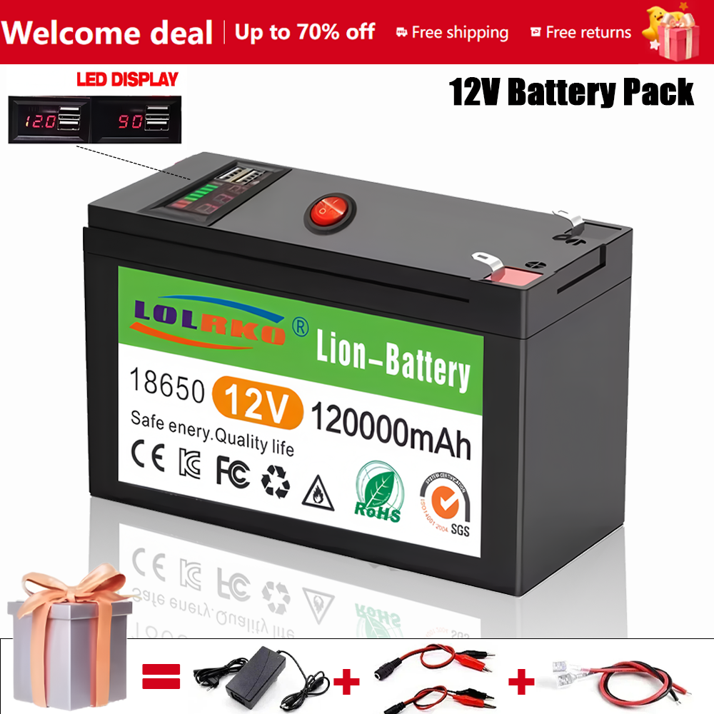 Uppgraderat lifepo 4 litiumbatteri 12v, 120ah bärbart uppladdningsbart batteri inbyggt -in 5v , 2.1a usb-strömförsörjning displayport-laddning