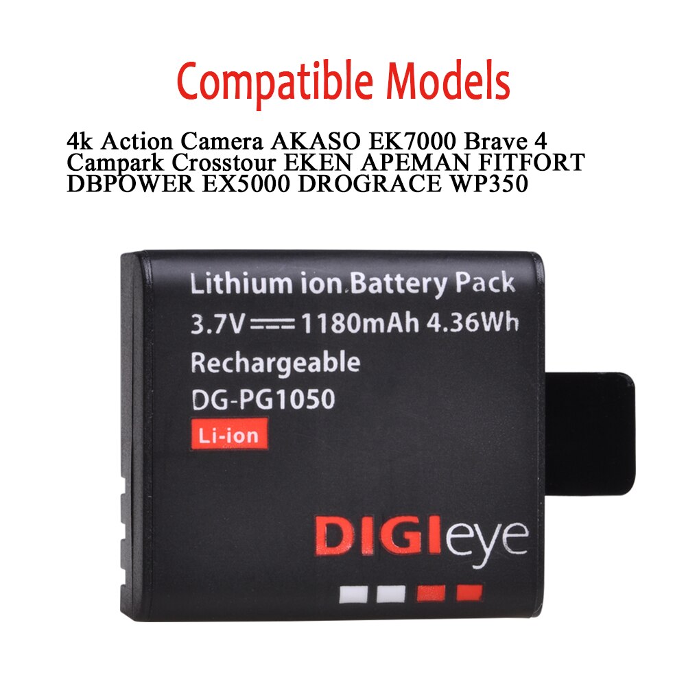 3Pcs 1180Mah PG1050 Oplaadbare Batterij + Lcd Dual Charger Voor 4K Action Camera Akaso EK7000 Eken H9R sjcam SJ4000 Dbpower
