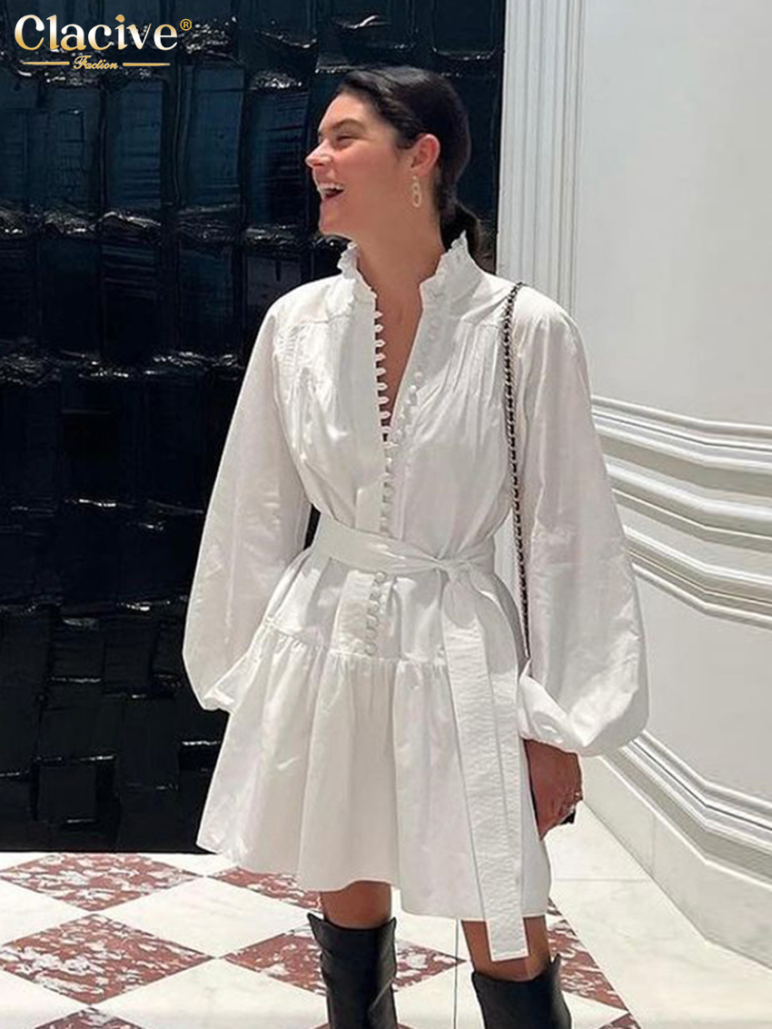 Clacive lose weiße Baumwolle Kleid lässig Stehkragen Puff ärmel Mini kleid elegante Schnür Falten kleider für Frauen