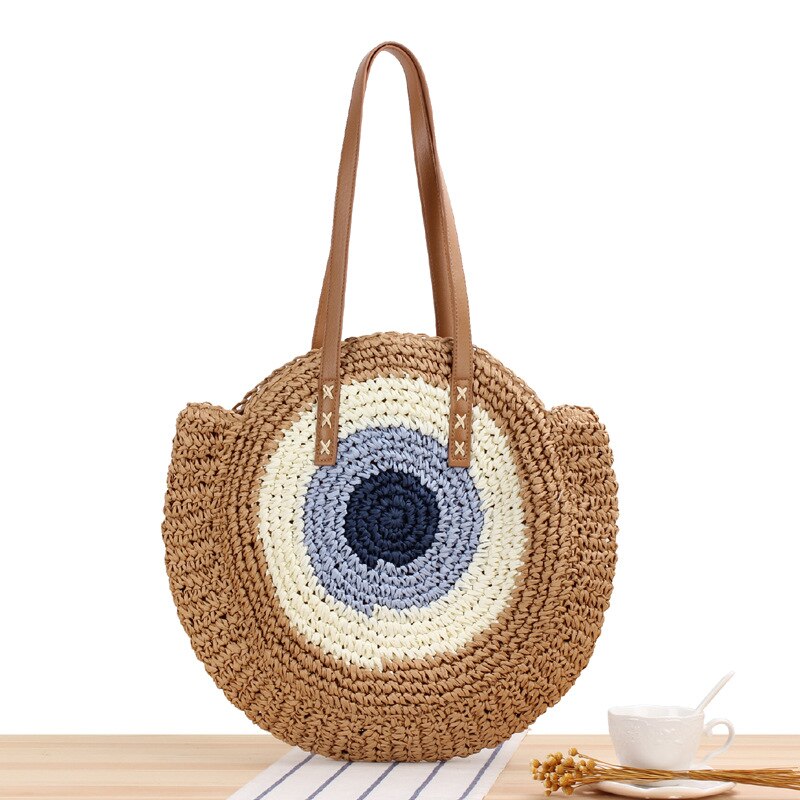 Bolso de playa de paja para mujer, bolsa de rafia tejida a mano de estilo bohemio e informal y con redondo para el verano: Brown blue  L