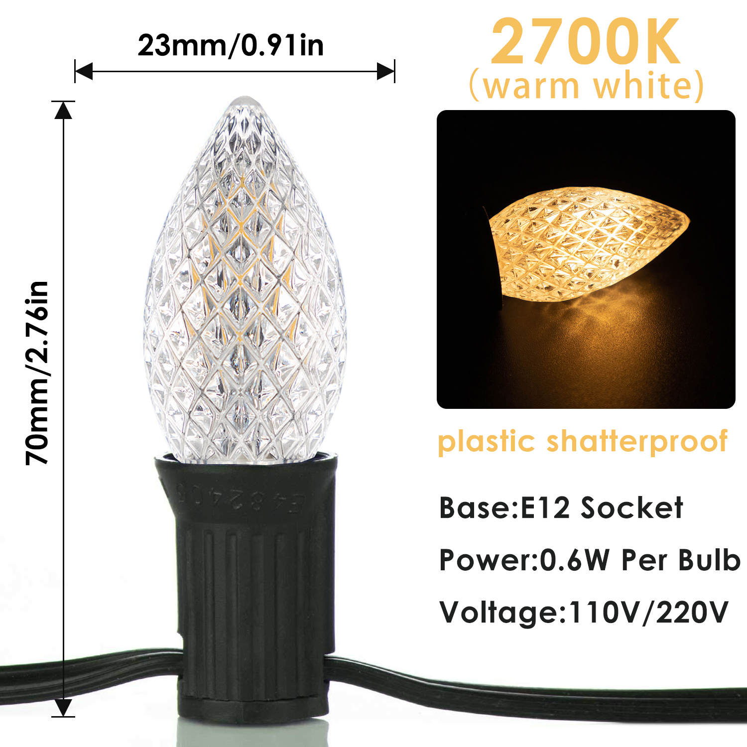 50ft c7 brudsikre lyskæder, rgb, dæmpbare, facetslebne jordbær-led-pærer, der kan tilsluttes, udendørs lyskæde, festdekoration: Foranderlig / 650w / Os stik