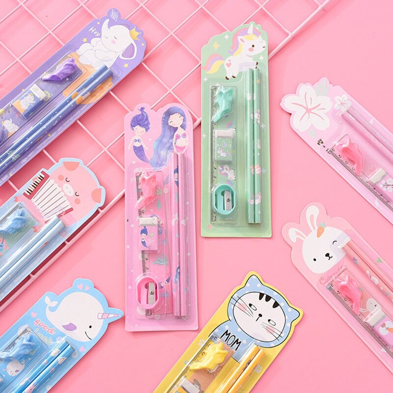 Conjunto de lápices lindos Kawaii con goma de borrar soporte de pluma con sacapuntas para la escuela de los niños 6 piezas de papelería Set de