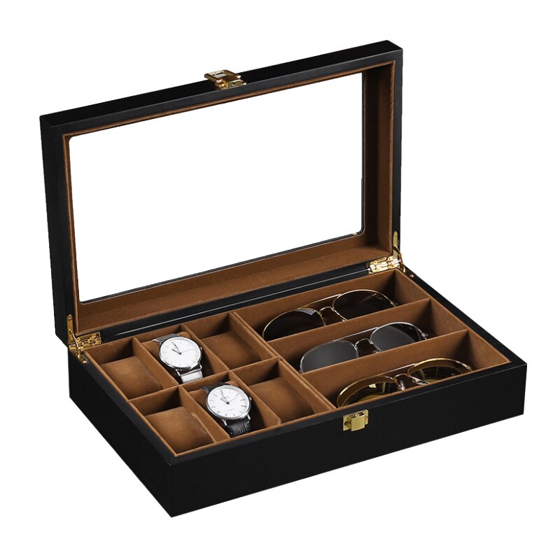 Caja de madera para reloj de lujo con 6 + 3 rejillas, caja para gafas, caja organizadora para joyería, caja de joyería para ver la caja: wood black brown