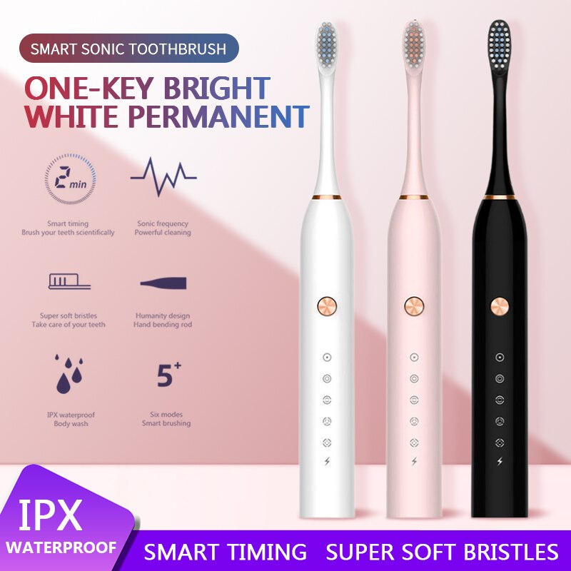 Battery Powered Sonic Electric Toothbrush With 2*Replacement Brushheads Soft Bristle 5 Modes IP65 Waterproof Adult Household