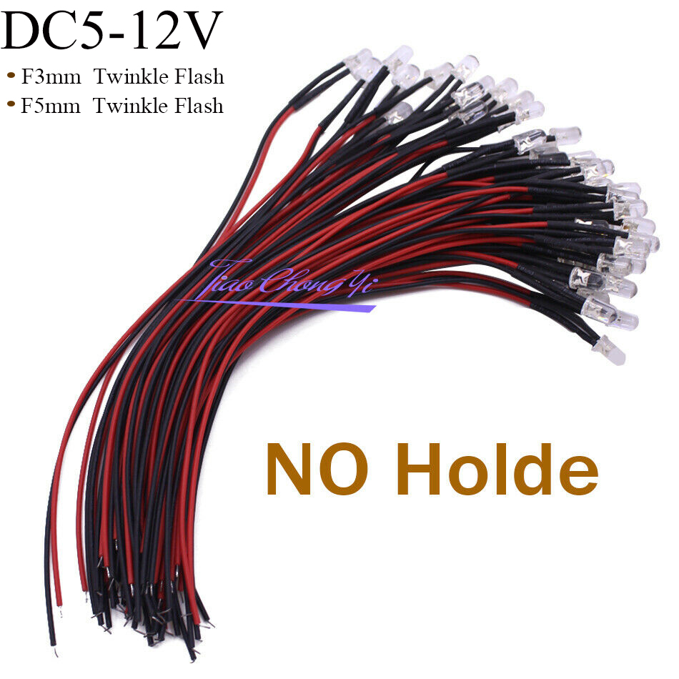 100 Stück Twinkle Flash DC 5–12 V, klare F3 mm, 5 mm blinkende LED mit 20 cm rotem und schwarzem Drahtlicht, weiß, rot, blau, grün, gelb, RGB-Blitz