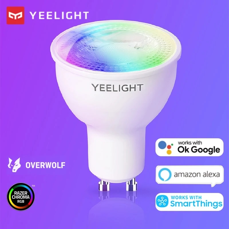 Yeelight yldp 004- a  gu10 farverig smart led pære  w1 spil musik sync app stemmestyring arbejde yeelight app google assistent alexa