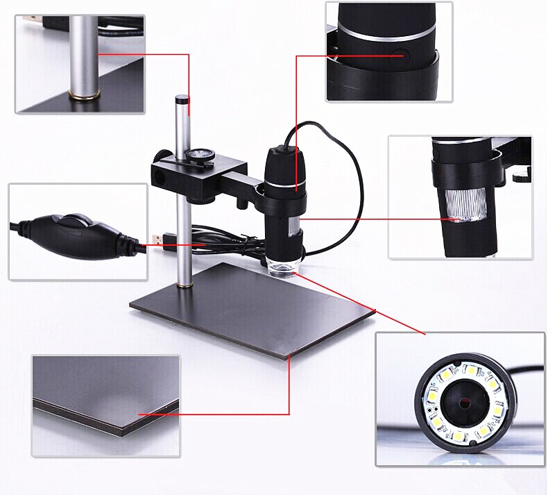 Portable USB Digital Microscope 1000X 8 LED 2MP Endoscope Magnifier Camera HD Sensor + Lift Stand + Calibration Ruler