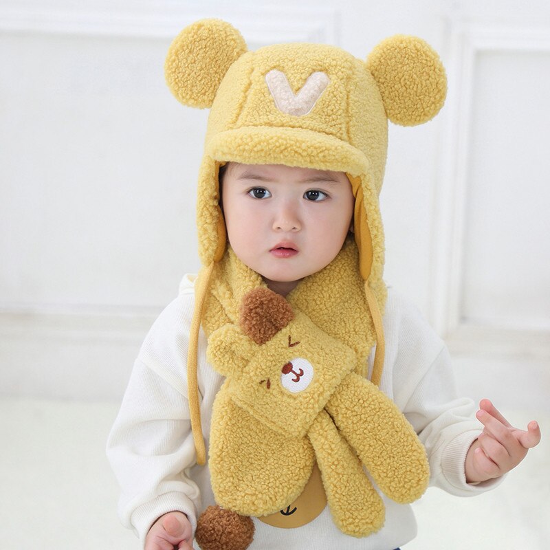 Traje de cuello y gorro de bombardero para bebé, otoño e invierno, dibujos animados para niños, niño y niña, juegos de gorro y bufanda gruesos y cálidos