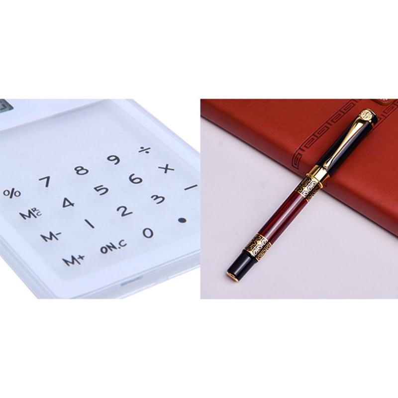 1 Pcs Transparent Calculator Clear Scientific Calculator & 1 Pcs Chinese Classical Fountain Pen Golden Signature Pen