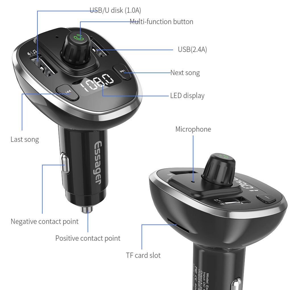 Essager – chargeur de voiture USB sans fil pour iPhone, transmetteur FM, Bluetooth, lecteur MP3, lecteur multimédia, charge rapide, pour téléphone