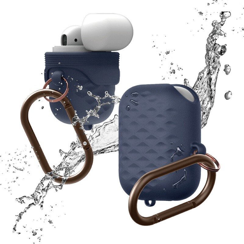 Grid Korn Silikon Wasserdichte Kopfhörer Fall Für Airpods Metall Finger Ring Kopfhörer Schutzhülle Kopfhörer Fall Für Airpods 2 Tasche: Dark Blue