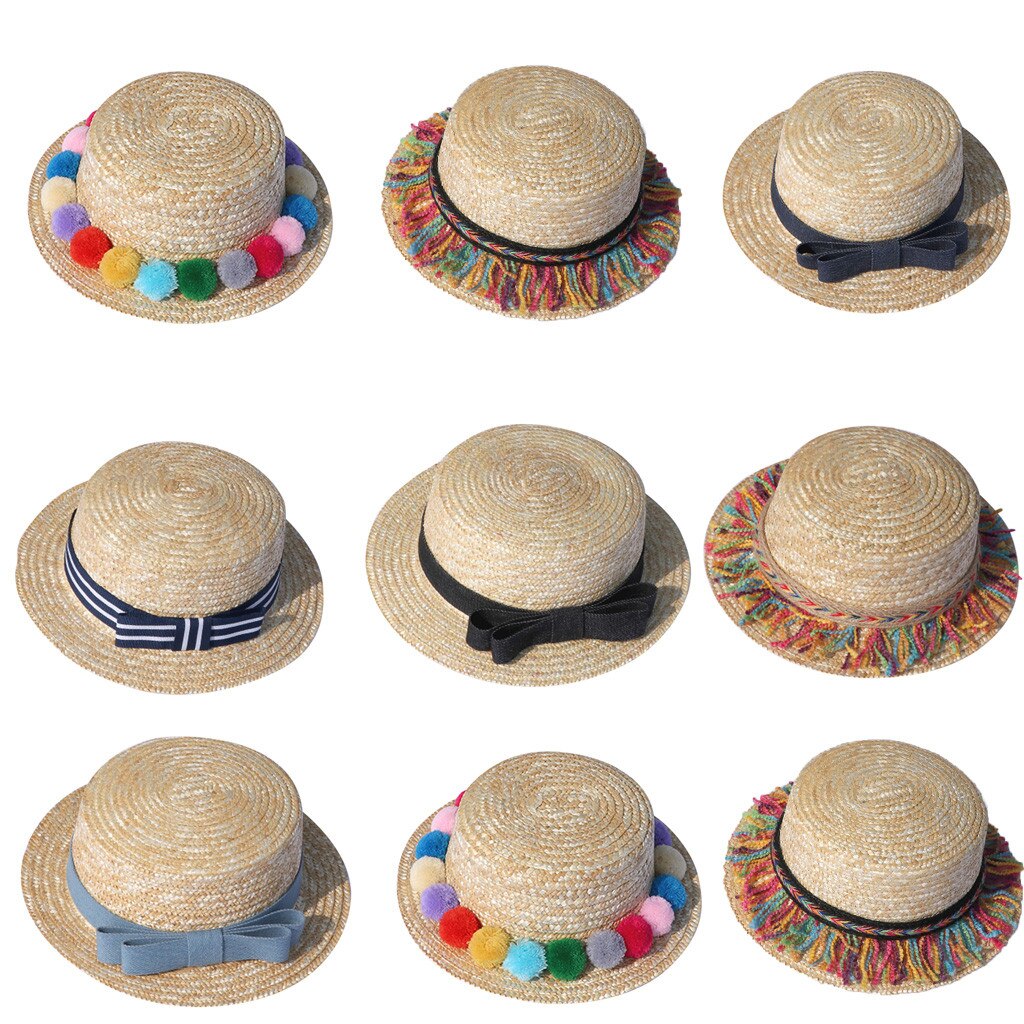 Summer Parent-child Women Baby Kids Girl Beach Bow Straw Hat Flat Brim Sun Hat Cap Suitable for taking photos Net Red Hat