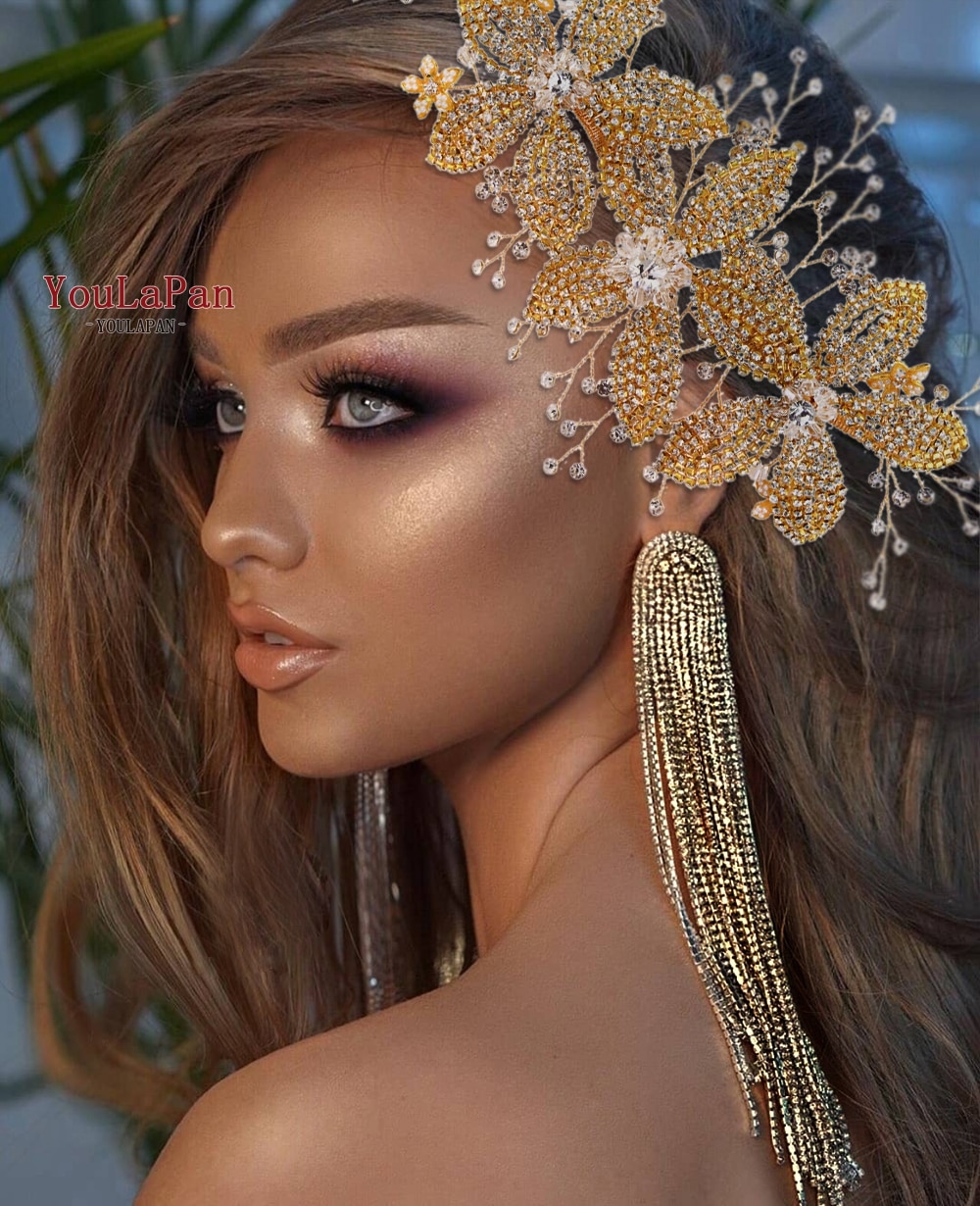 Topqueen ouro casamento liga flor bandana nupcial headpiece strass casamento enfeites de cabelo tiara para as mulheres hp252