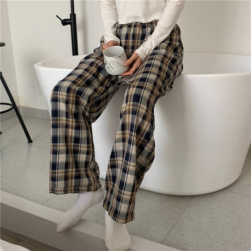 Karierten Hosen für Frauen Jahrgang Plaid Hosen Koreanische Stil Breite Bein Hosen Frauen Sommer Blau Harajuku Übergroßen Hosen: heilan / XXL
