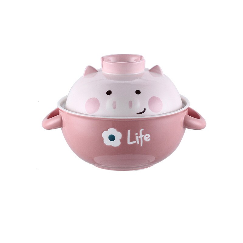 Bol à nouilles instantanées en céramique avec couvercle, cochon mignon Panda Ramen chat Kawaii grand bol à salade soupe aux fruits bol de cuisine, vaisselle: Pink