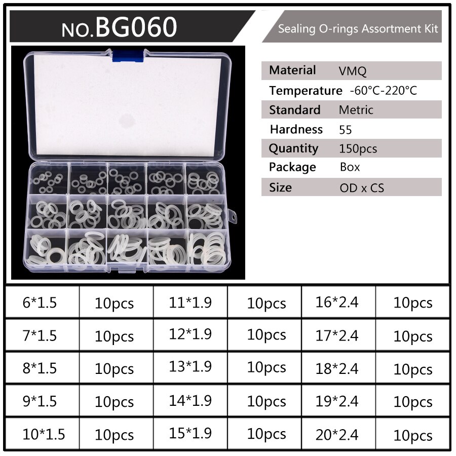 Silicone VMQ Blanc Joints toriques OD 6mm-20mm CS 1.5mm 1.9mm Durable JOINTS TORIQUES Assortiment Kit 10 Tailles 150 Pièces/ensemble BG037: BG060 x1