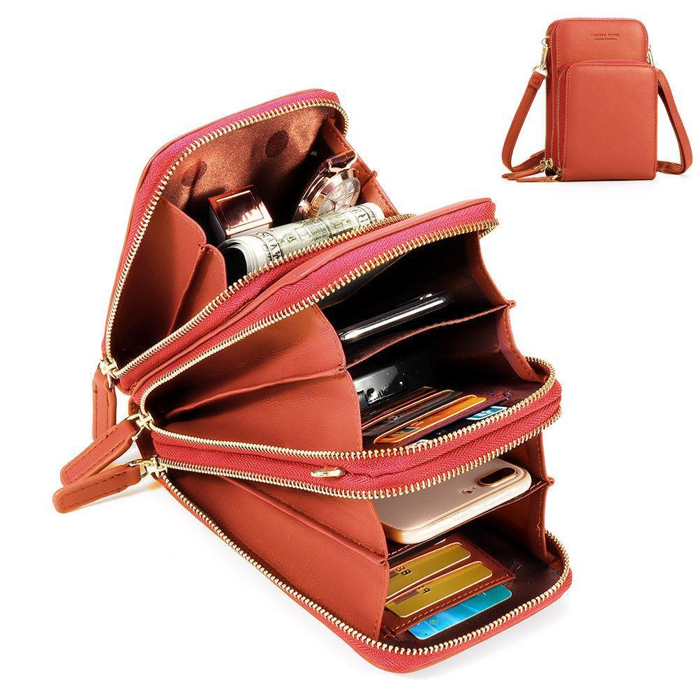 3-Layer Crossbody Bag Phone Bag Women Solid PU Leather Card Wallet Shoulder Bag Pocket Clutch Cellphone Bag