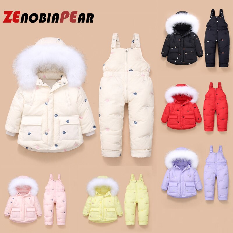 Meisjes Set Fur Hooded Jongen Baby Overalls Meisje Winter Donsjack Warme Jas Kinderen Kinderen Snowsuit Sneeuw Kleding Meisjes Kleding set