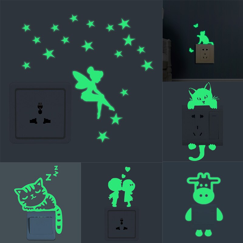 Lichtgevende Cartoon Schakelaar Sticker Glow In The Dark Kat Sticker Tl Fairy Moon Sterren Sticker Kid 'S Room Decor Glow stickers