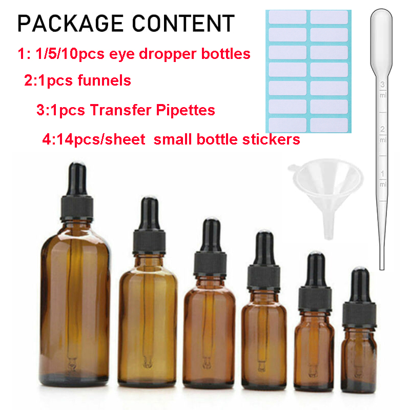5-100Ml Amber Dropper Flessen Met Black Cap Voor Essentiële Massage Olie Pipet Hervulbare Flessen