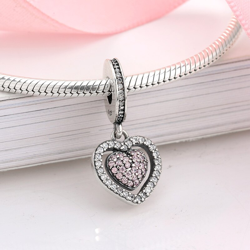 925 sterlina d'argento fascino Rosa di zircon del cuore dei branelli dei pendenti delle donne accessori di moda d'avanguardia in forma Originale bene Braccialetto di Fascino Dei Monili