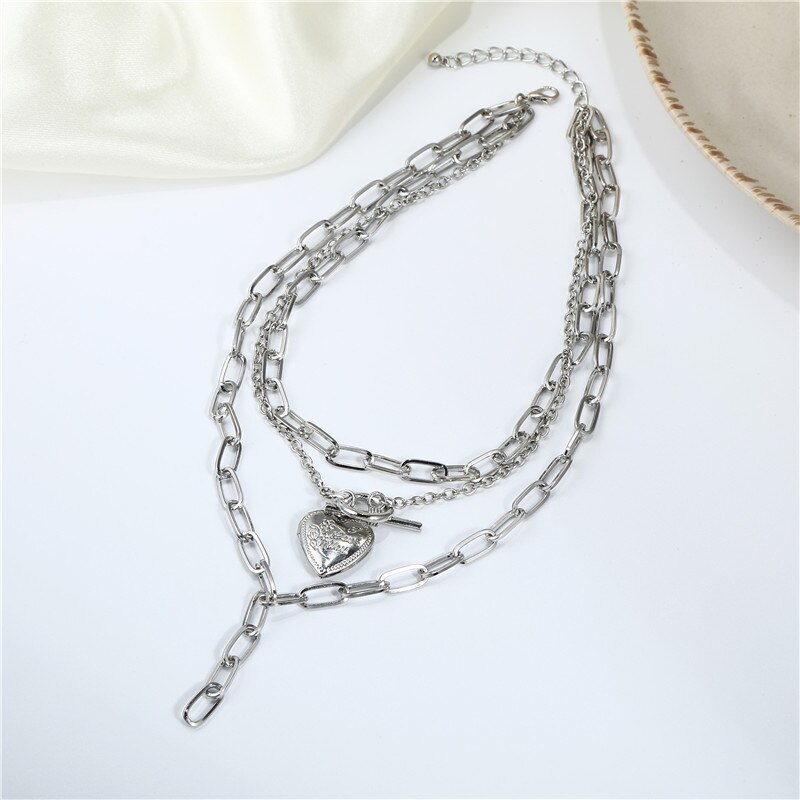 Punk gold silver color multi-layer cuban link chain necklace open heart pendant choker necklaces for women