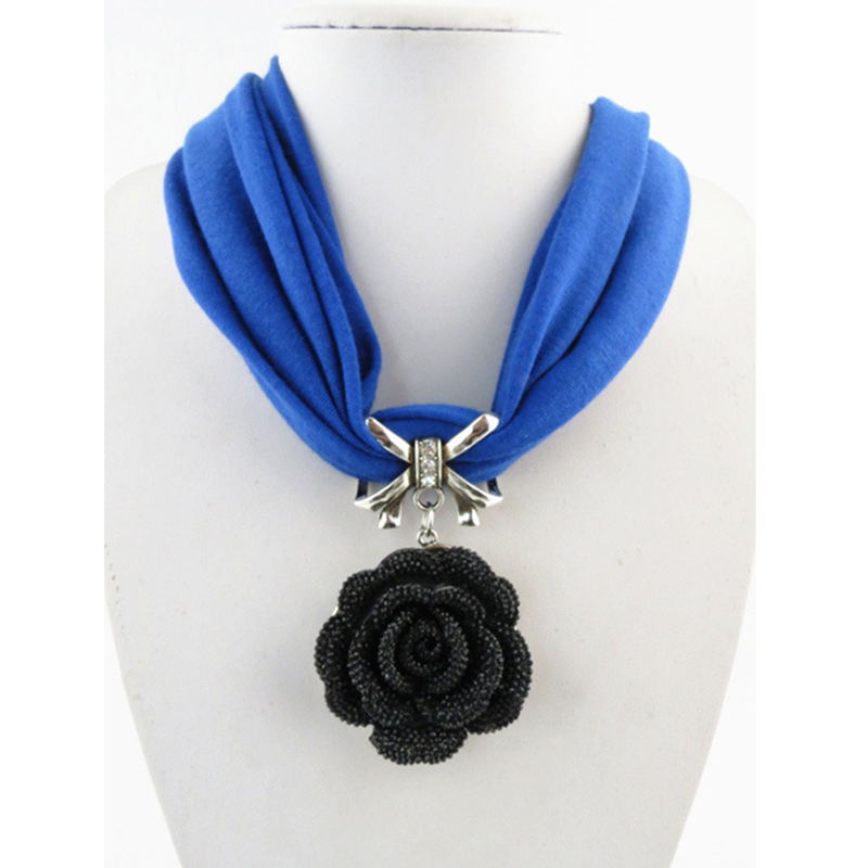 Classic Black Rose Flower Pendant Tassel Scarf Necklace Soft Cotton Neck Wrap Party Short Polyester Scarf Women