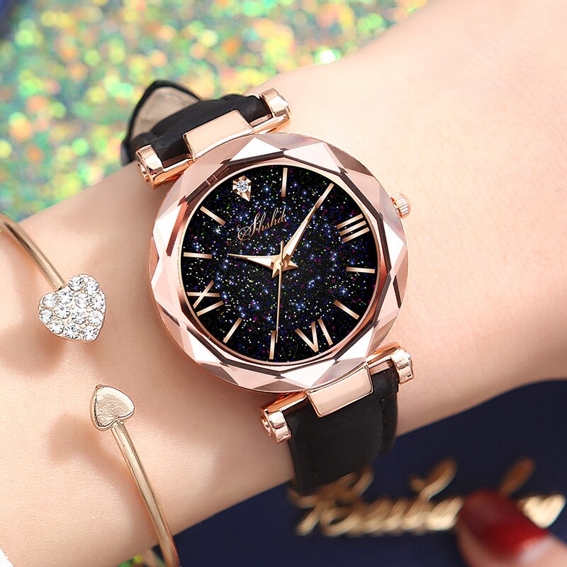 Kvinder afslappet læder dameur kvarts armbåndsur stjernehimmel kvindelig ur reloj mujer relogio feminino: Sort farve