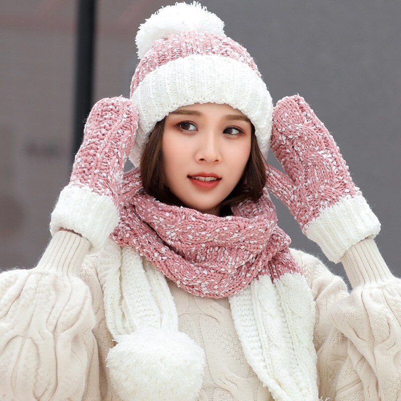 Drie Stuk Hoeden Sjaal Handschoenen Set Voor Vrouwen Hoed Herfst Winter Warm Mitten Pompom Gebreide Hoed Gilr Knit sjaal Sets: Roze