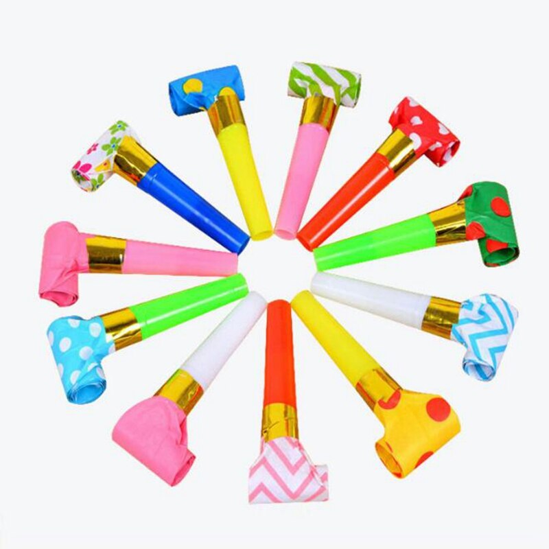 8 stuks plastic speelgoed voor een kinderfeestje, een tornado-hoorn, een drakenfluitje en een blazende tornado-hoorn.